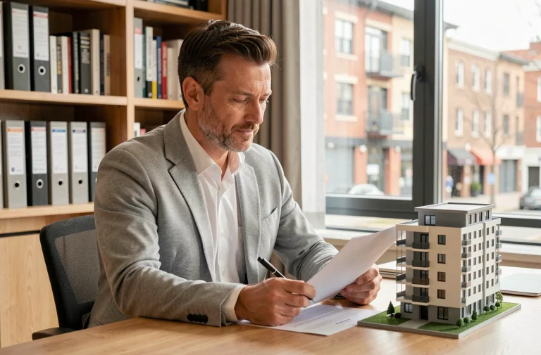Investisseur immobilier consultant des documents LMNP dans un bureau moderne avec maquette de résidence