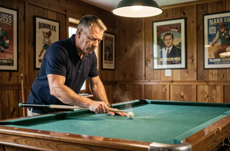 Joueur de billard adulte qui crayonne sa queue avant une partie dans une salle de billard au décor en bois chaleureux