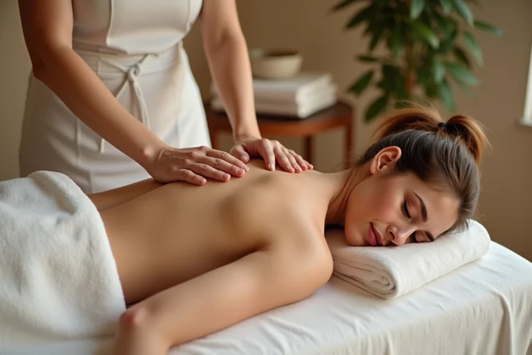 Femme recevant un massage du dos dans une cabine de bien-être professionnelle au Centre Du Logos