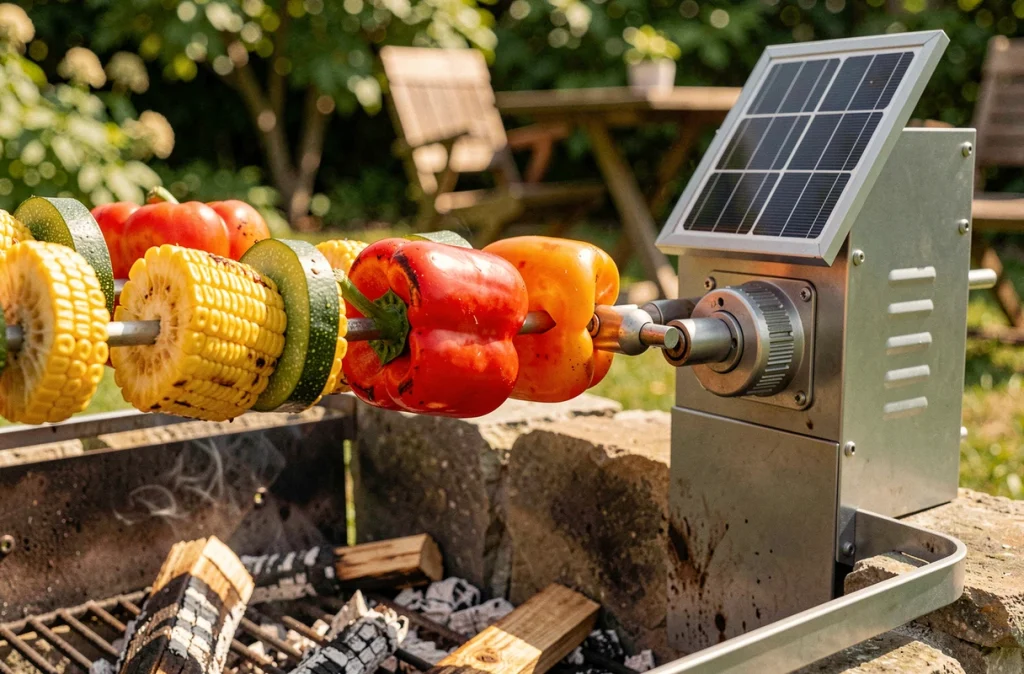 Gros plan sur le mécanisme d'un tourne-broche solaire avec légumes grillés sur un barbecue en pierre recyclée