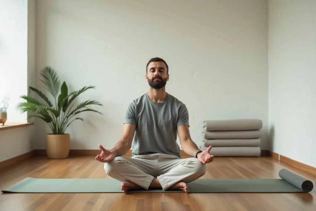 Homme en méditation dans un studio de bien-être minimaliste proposant des services de relaxation
