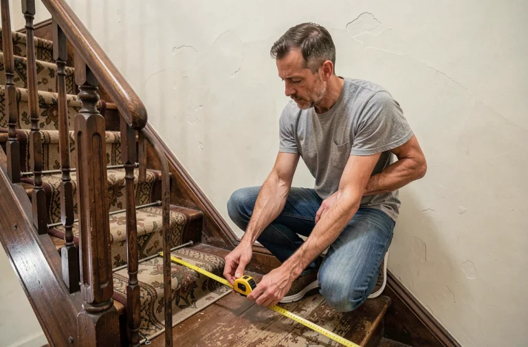 Homme mesurant la largeur d'une cage d'escalier avec un mètre ruban avant de monter un meuble encombrant