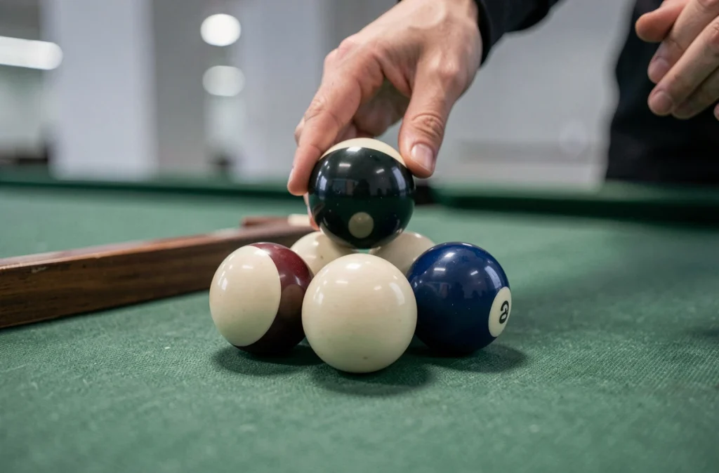 Gros plan sur la mise en triangle des billes de billard sur un tapis vert professionnel avant le début d'une partie