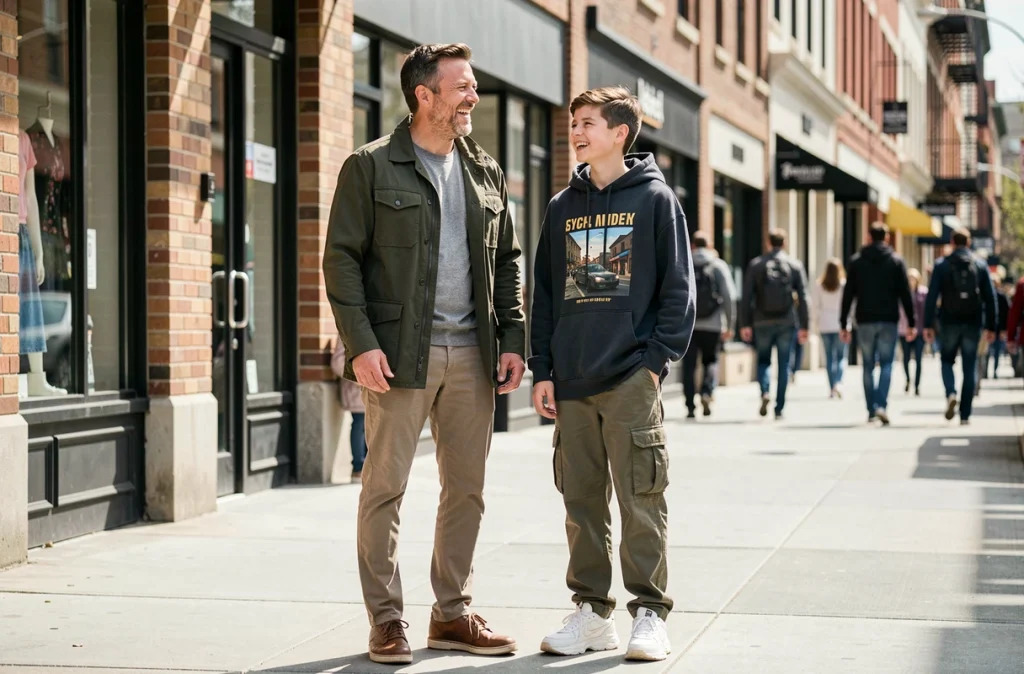 Père et fils en tenue streetwear contemporaine devant des boutiques urbaines, illustrant la mode accessible pour tous les âges