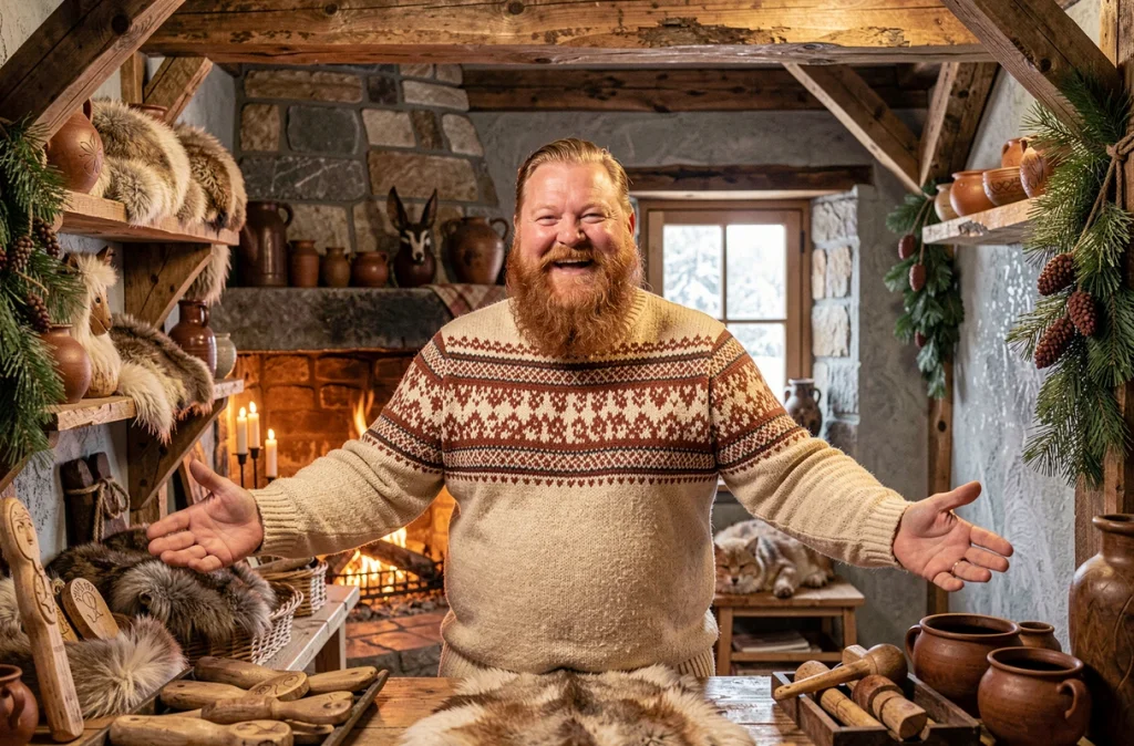 Homme jovial en pull nordique derrière un comptoir de boutique rustique scandinave, représentant Oaken le commerçant de La Reine des Neiges