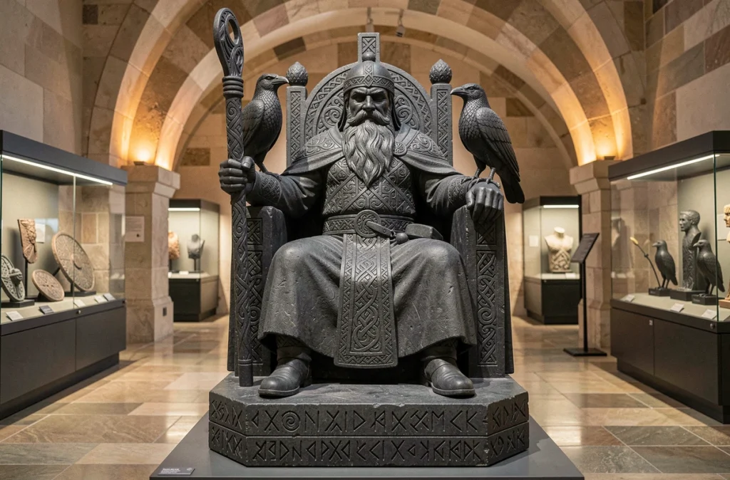 Statue en basalte d'un roi guerrier nordique borgne sur un trône avec des corbeaux sculptés, représentant Odin dans les productions Disney