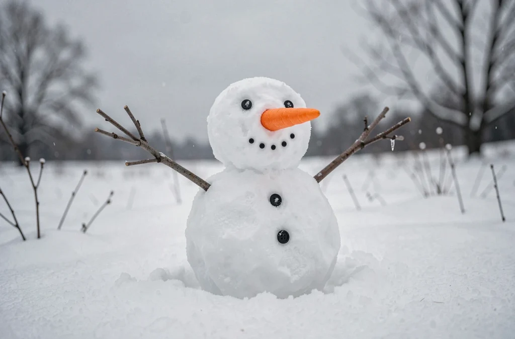 Bonhomme de neige artisanal avec nez en carotte et bras en bâtons dans un paysage enneigé, représentant Olaf de La Reine des Neiges