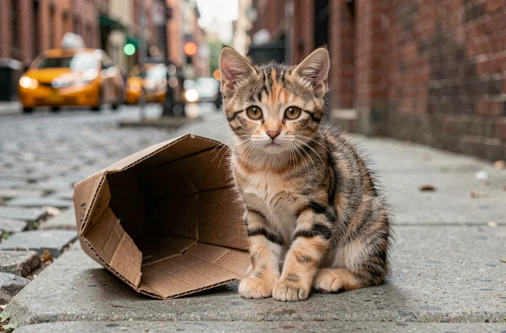 Chaton tigré seul sur un trottoir urbain avec de grands yeux expressifs, représentant Oliver le chaton orphelin d'Oliver et Compagnie