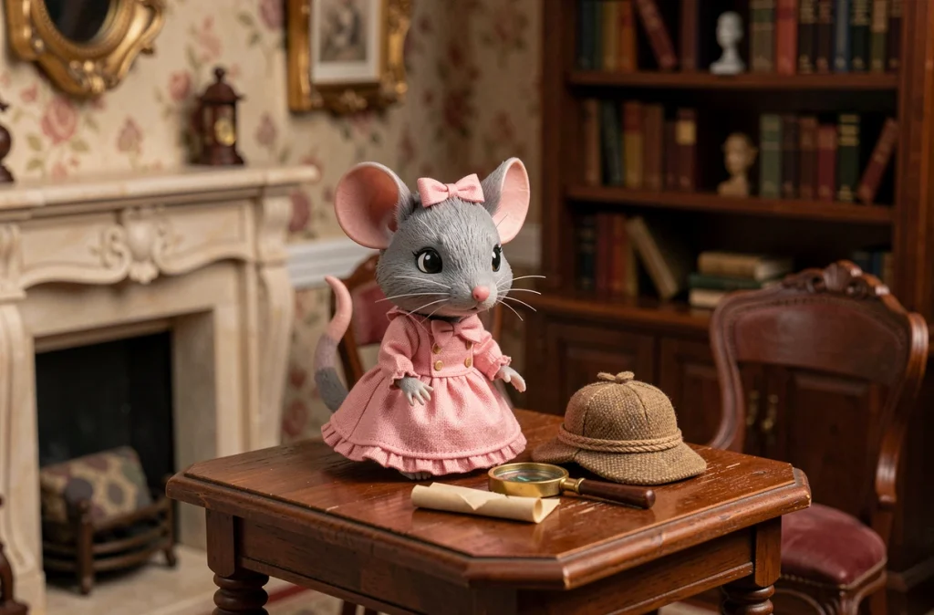 Petite figurine de souris grise en robe rose avec une loupe miniature dans un décor victorien, représentant Olivia de Basil Détective Privé