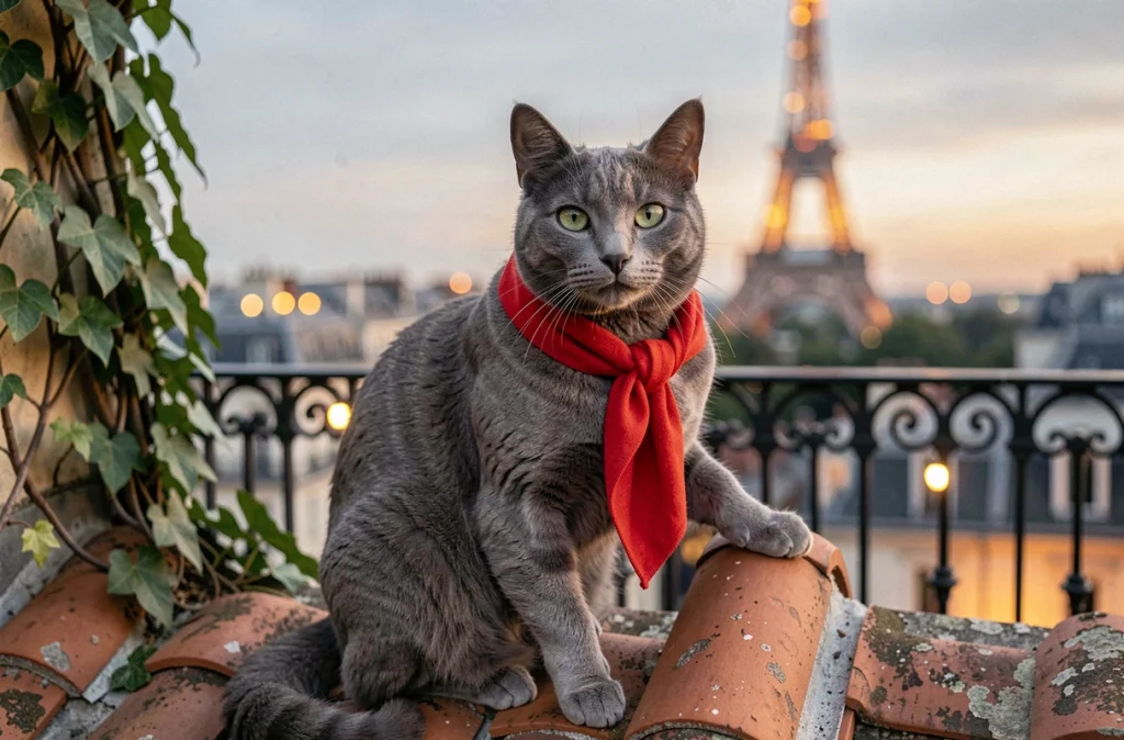 Chat gris aux yeux verts avec un foulard rouge sur un toit parisien avec la Tour Eiffel floue en arrière-plan, représentant O'Malley des Aristochats
