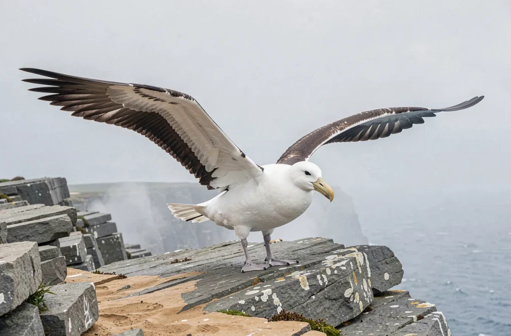 Grand albatros aux ailes déployées sur une falaise côtière, représentant Orville l'albatros des Aventures de Bernard et Bianca