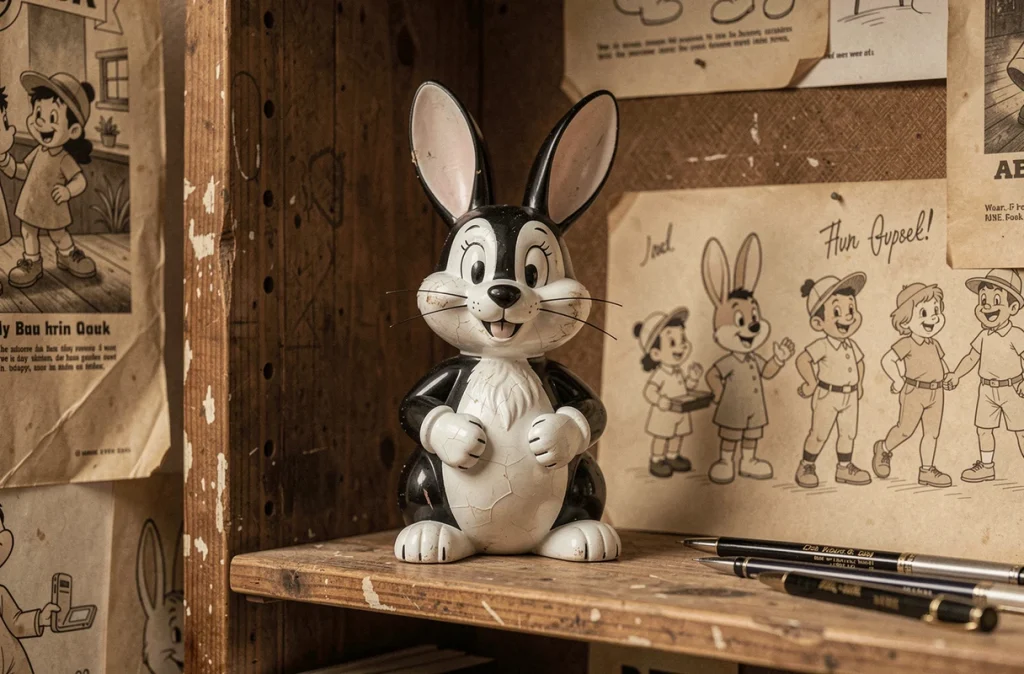Figurine vintage d'un lapin de dessin animé des années 1920 avec grandes oreilles, représentant Oswald le Lapin Chanceux, ancêtre de Mickey