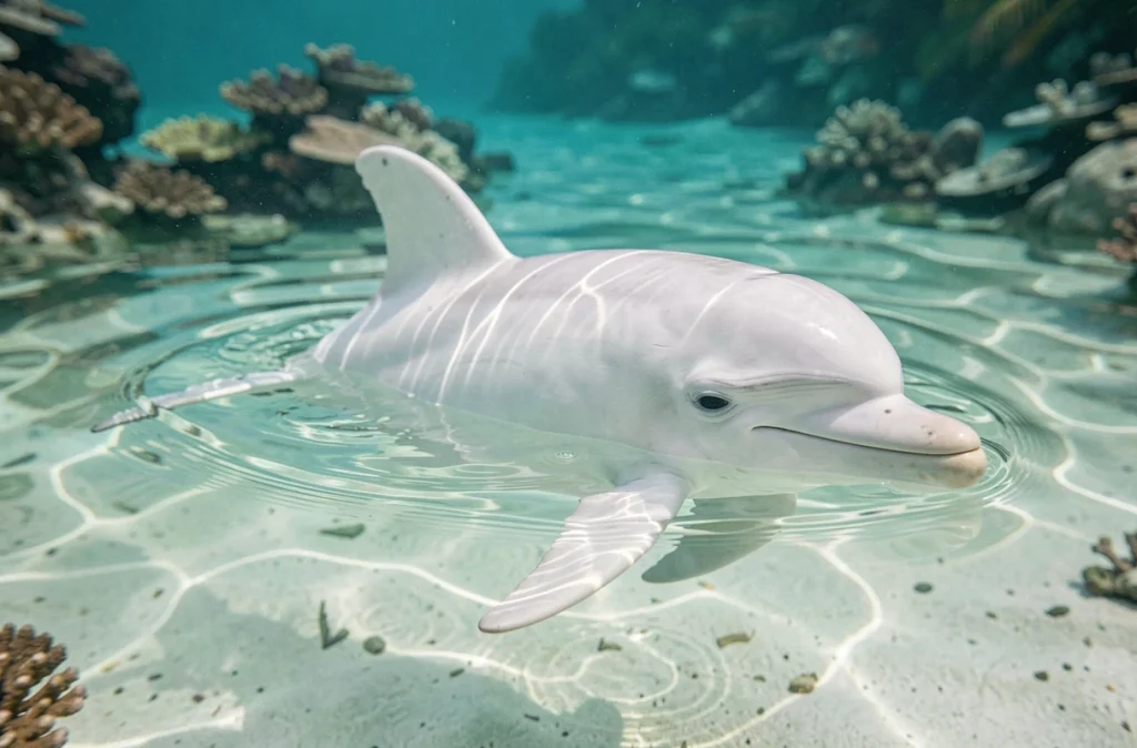Petit dauphin blanc nageant près de la surface dans une eau turquoise claire, représentant Oum le dauphin blanc