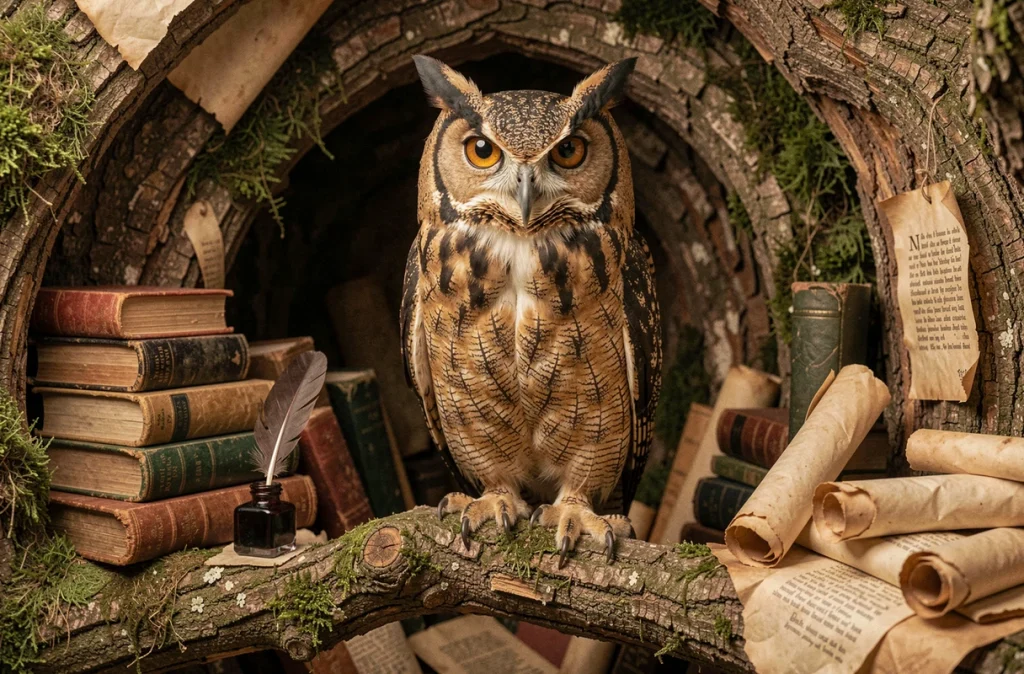 Grand hibou perché dans un creux d'arbre entouré de livres et de parchemins, représentant Owl le hibou érudit de Winnie l'Ourson
