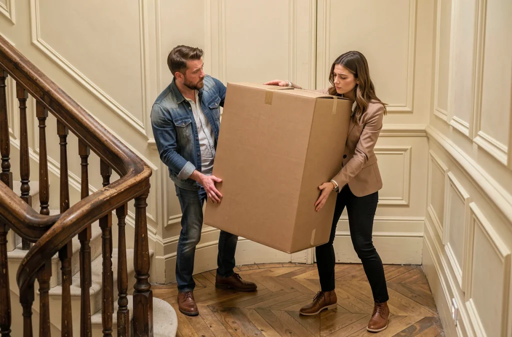 Deux personnes essayant de faire passer un grand carton dans le virage d'un escalier haussmannien