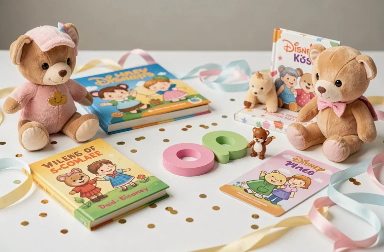 Arrangement de jouets et livres Disney en forme de O sur un fond blanc, évoquant les personnages Disney commençant par la lettre O