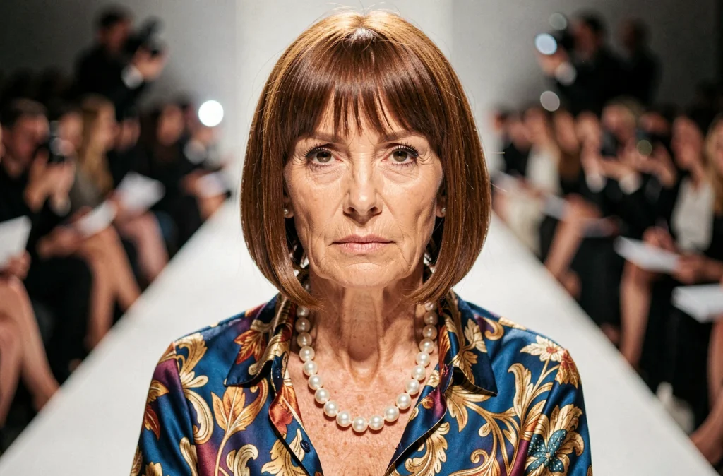 Portrait en gros plan d'une femme puissante au premier rang d'un défilé de mode, incarnant l'autorité et l'influence dans l'industrie de la haute couture