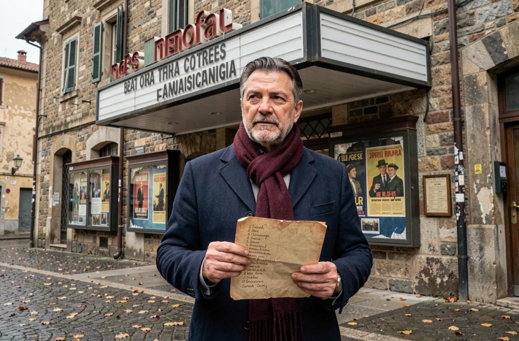 Homme italien devant une marquise de cinéma vintage en Italie tenant une liste de prénoms inspirés des films cultes italiens
