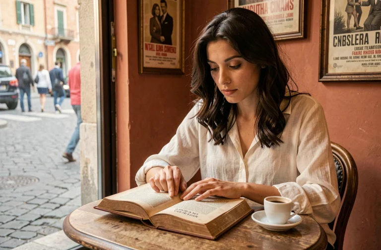 Jeune femme italienne dans un café romain feuilletant un livre sur le cinéma italien, évoquant les prénoms cultes des films italiens