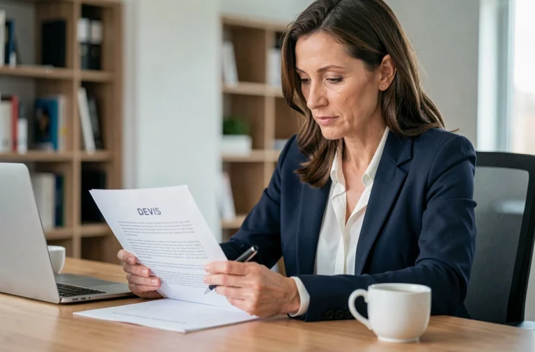 Une professionnelle examine attentivement un devis signé dans un bureau moderne, stylo en main