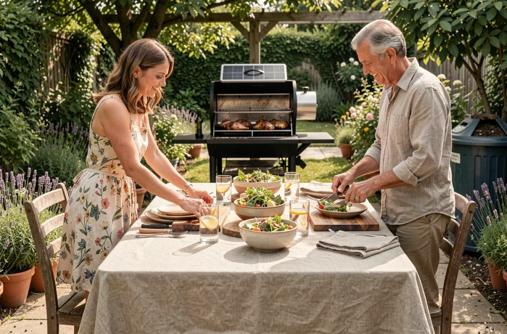 Famille réunie autour d'un repas barbecue écologique avec tourne-broche solaire dans un jardin convivial