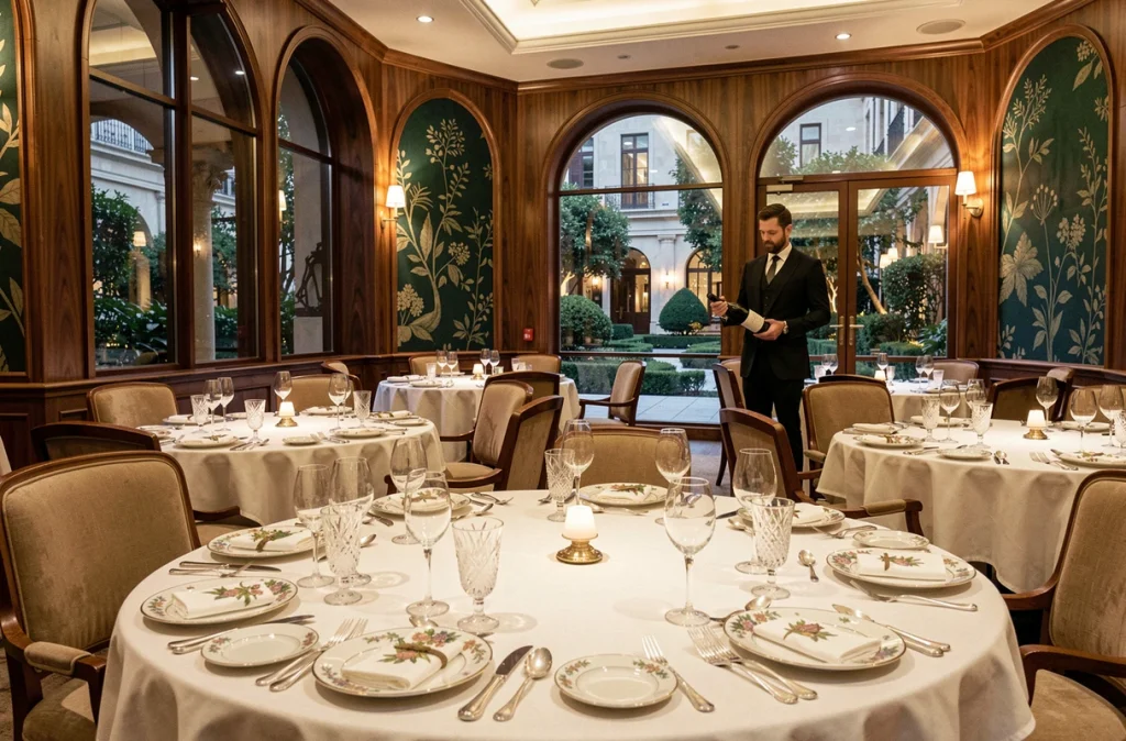 Salle de restaurant gastronomique d'un hôtel 6 étoiles avec dressage de table luxueux et décor raffiné