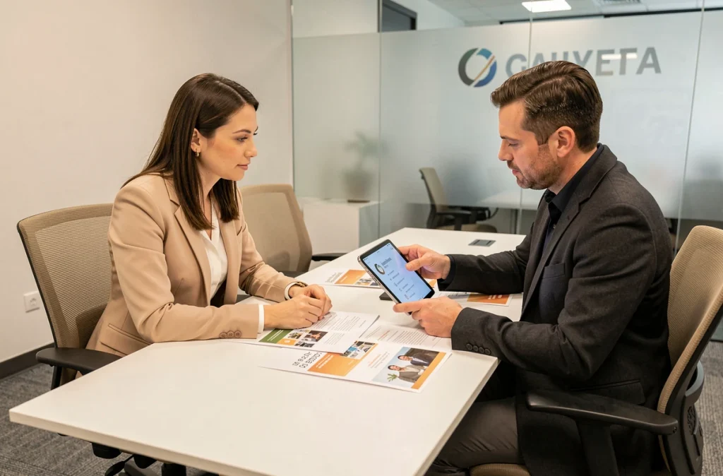 Deux professionnels en réunion consultant les informations de contact Interpro B2B sur une tablette