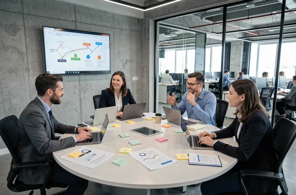 Équipe diversifiée de professionnels en réunion stratégique autour d'une table de conférence moderne