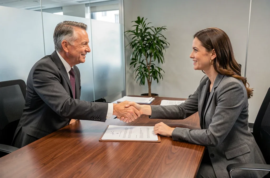 Deux professionnels se serrent la main après la signature d'un contrat d'acompte sur un devis en salle de réunion