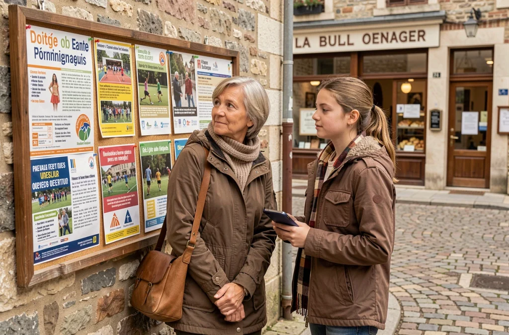 Habitante et adolescente consultant le tableau d'affichage municipal dans un village de la communauté Val Bréon