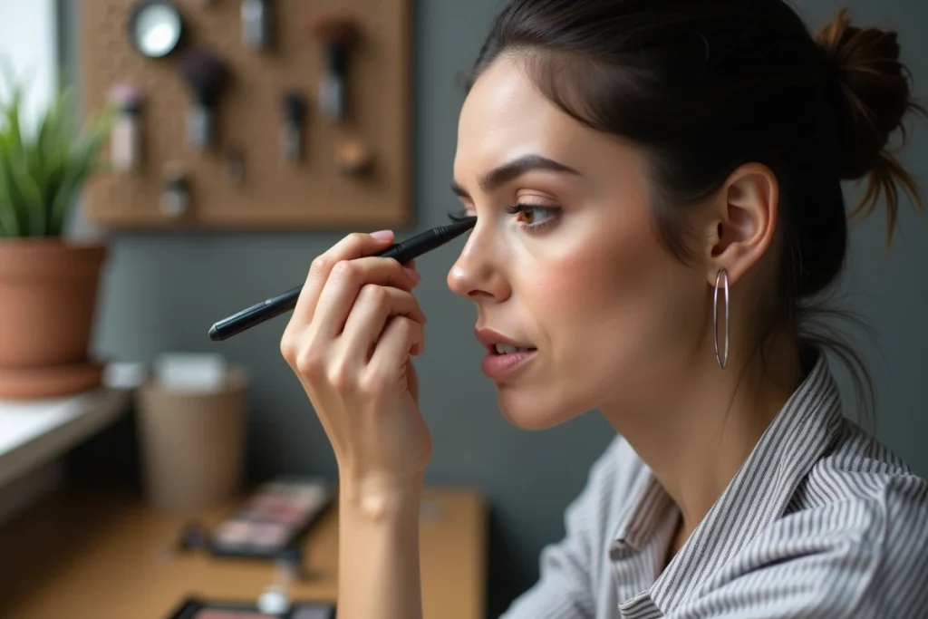 Femme traçant un trait d'eye-liner précis sur le bord des cils, technique de maquillage des yeux au crayon feutre