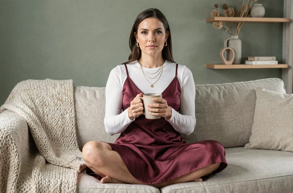 Femme détendue portant une robe slip satin bordeaux superposée sur un top blanc, look mode féminin tendance saison dans un intérieur minimaliste