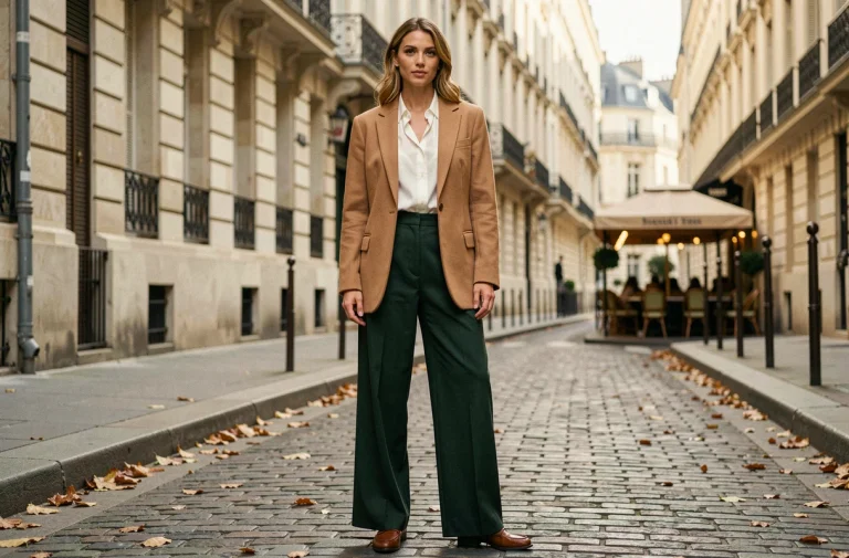 Femme élégante portant un blazer camel oversize et un pantalon large vert forêt dans une rue pavée parisienne, tendance mode automne