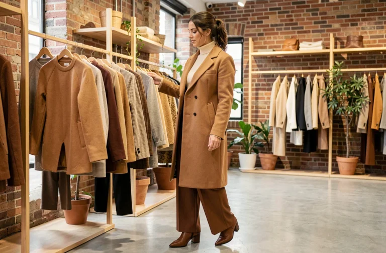 Femme élégante en manteau camel oversize feuilletant des vêtements dans une boutique parisienne moderne aux tendances mode automne-hiver