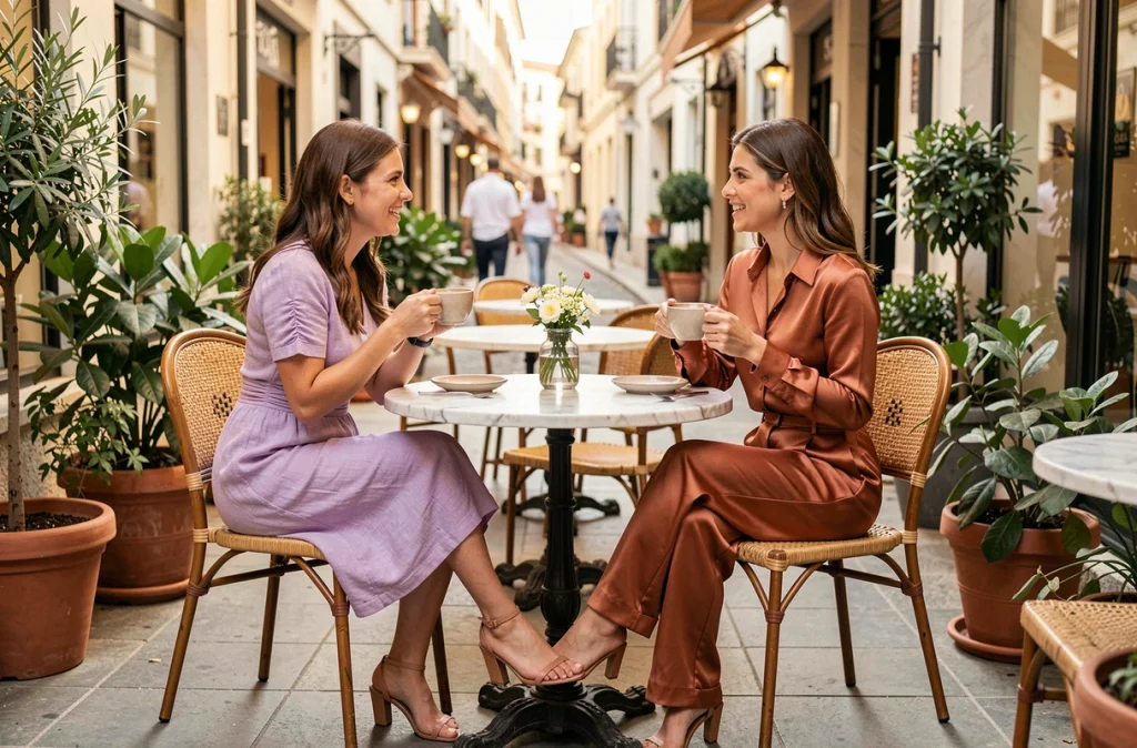Deux femmes stylées aux tenues contrastées assises en terrasse de café, tendances mode printemps-été robe lavande et co-ord satiné terracotta