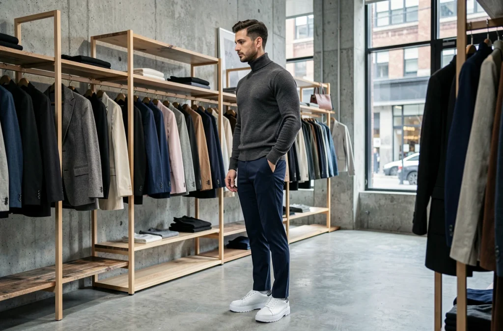 Homme tendance en pull col roulé gris et baskets blanches dans un concept store moderne aux murs en béton, nouvelle mode masculine