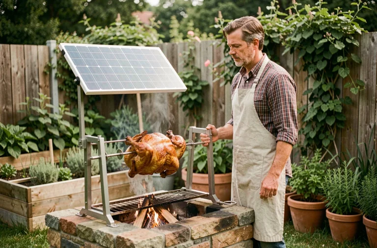 Homme utilisant un tourne-broche solaire artisanal dans un jardin écologique pour un barbecue durable