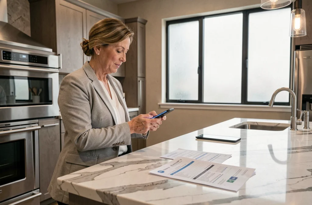 Femme consultant son application bancaire Boursorama sur smartphone avec des documents de transfert PEA posés sur un plan de travail en marbre