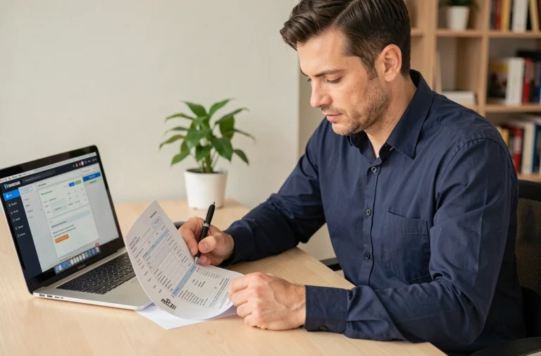 Homme consultant un formulaire de transfert PEA à son bureau avec un ordinateur portable affichant une interface bancaire Boursorama