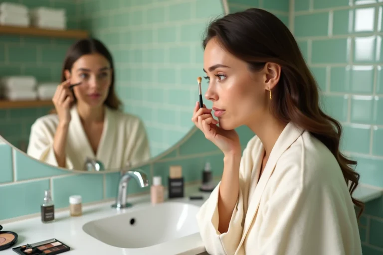 Jeune femme appliquant de l'ombre à paupières avec un pinceau plat devant un miroir de salle de bain, tutoriel maquillage des yeux