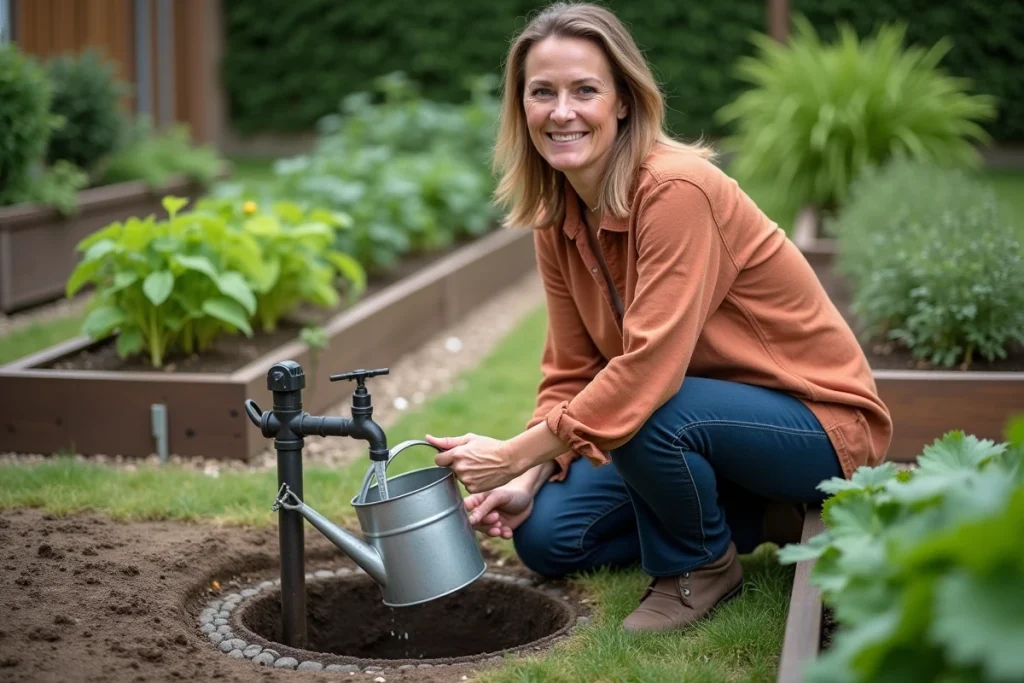Femme utilisant l'eau de pluie récupérée par une cuve enterrée pour arroser son potager