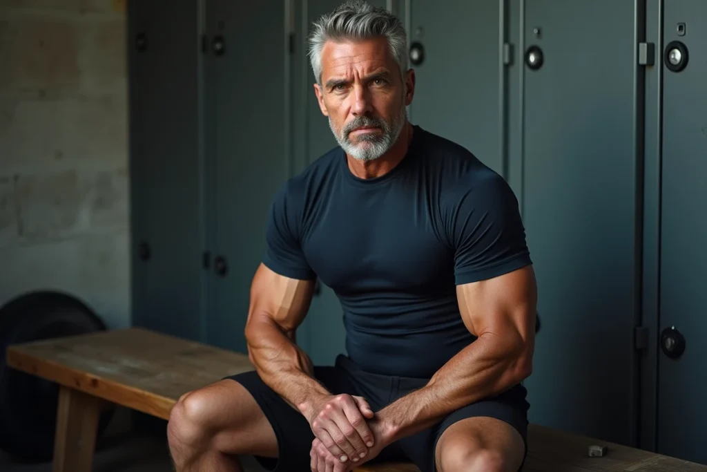 Portrait d'un vétéran des arts martiaux dans un vestiaire de salle de sport avec expression concentrée