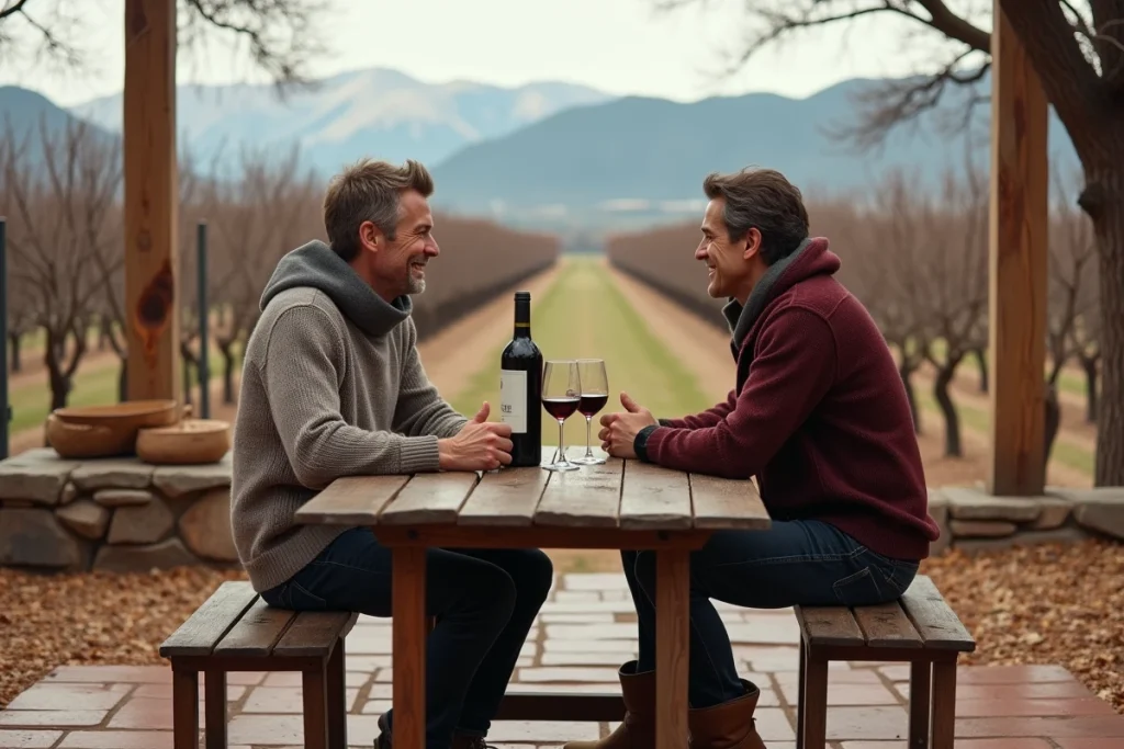 Couple dégustant du Malbec dans une estancia au milieu des vignes de Mendoza en Argentine en août