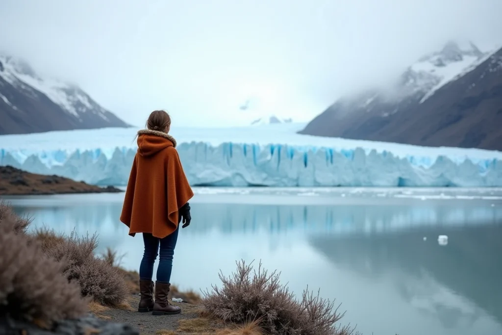 Voyageuse devant le glacier Perito Moreno en Patagonie argentine en août, portant un poncho en laine rouille