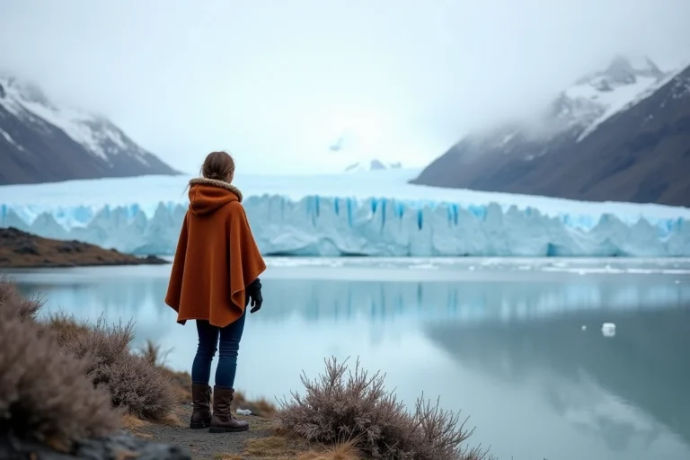 Voyageuse devant le glacier Perito Moreno en Patagonie argentine en août, portant un poncho en laine rouille