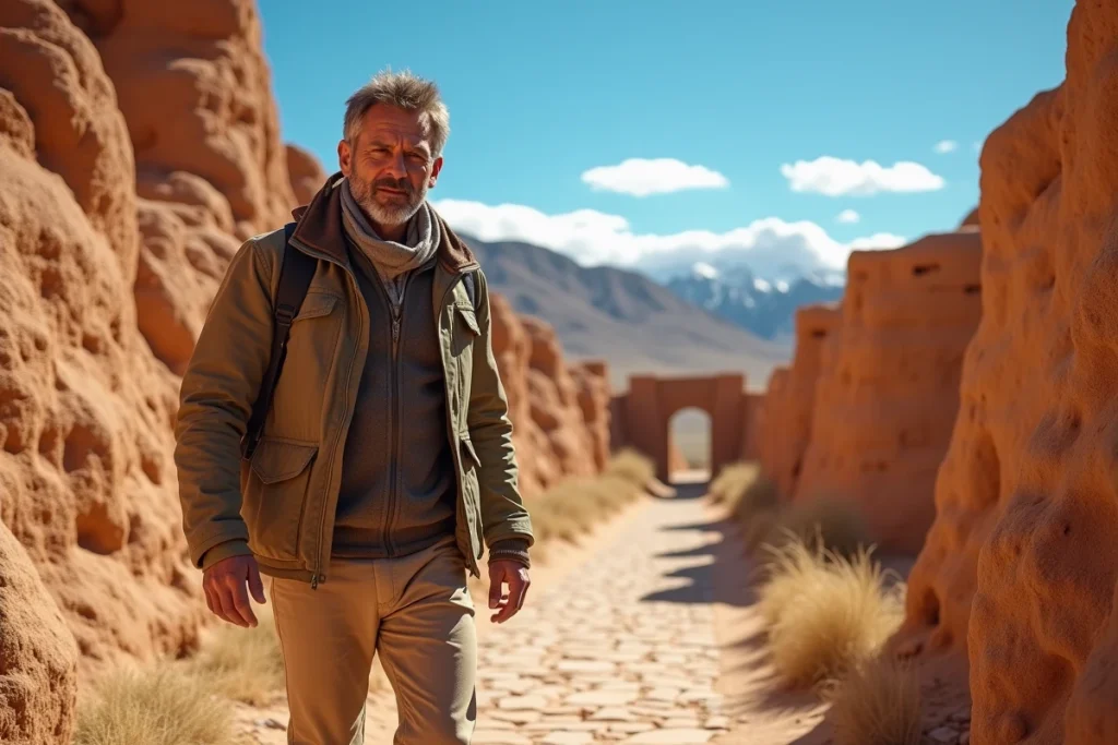 Voyageur explorant les ruines de la Quebrada de Humahuaca en Argentine en août sous un ciel bleu d'altitude