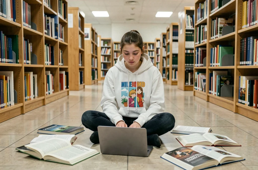 Adolescente utilisant un ordinateur portable dans une bibliothèque pour apprendre à naviguer prudemment en ligne