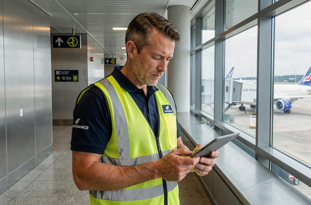 Agent de piste Air France consultant le portail Intralignes sur une tablette dans un couloir de terminal aéroportuaire