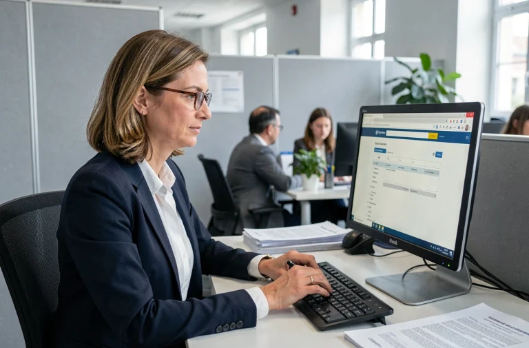 Une agente municipale parisienne remplit son dossier Mon IntraParis sur un ordinateur de bureau dans un open space administratif