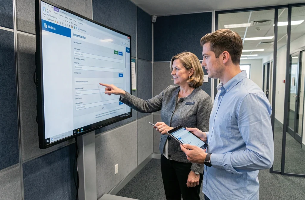 Deux agents municipaux parisiens collaborent pour remplir un formulaire Mon IntraParis sur un écran tactile en salle de formation